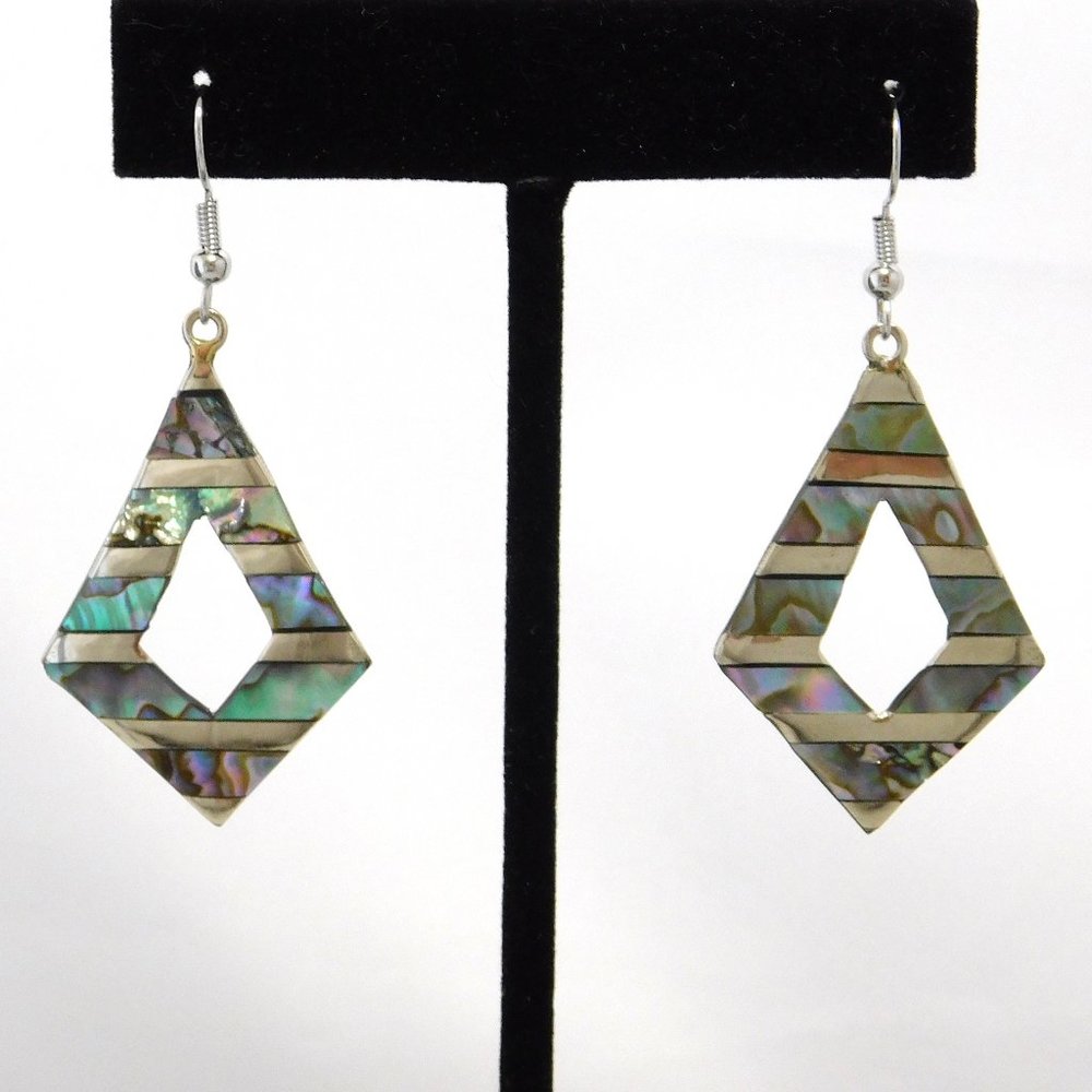 Mexican Earrings Alpaca Silver Vintage Abalone Shell Retro Green Paua